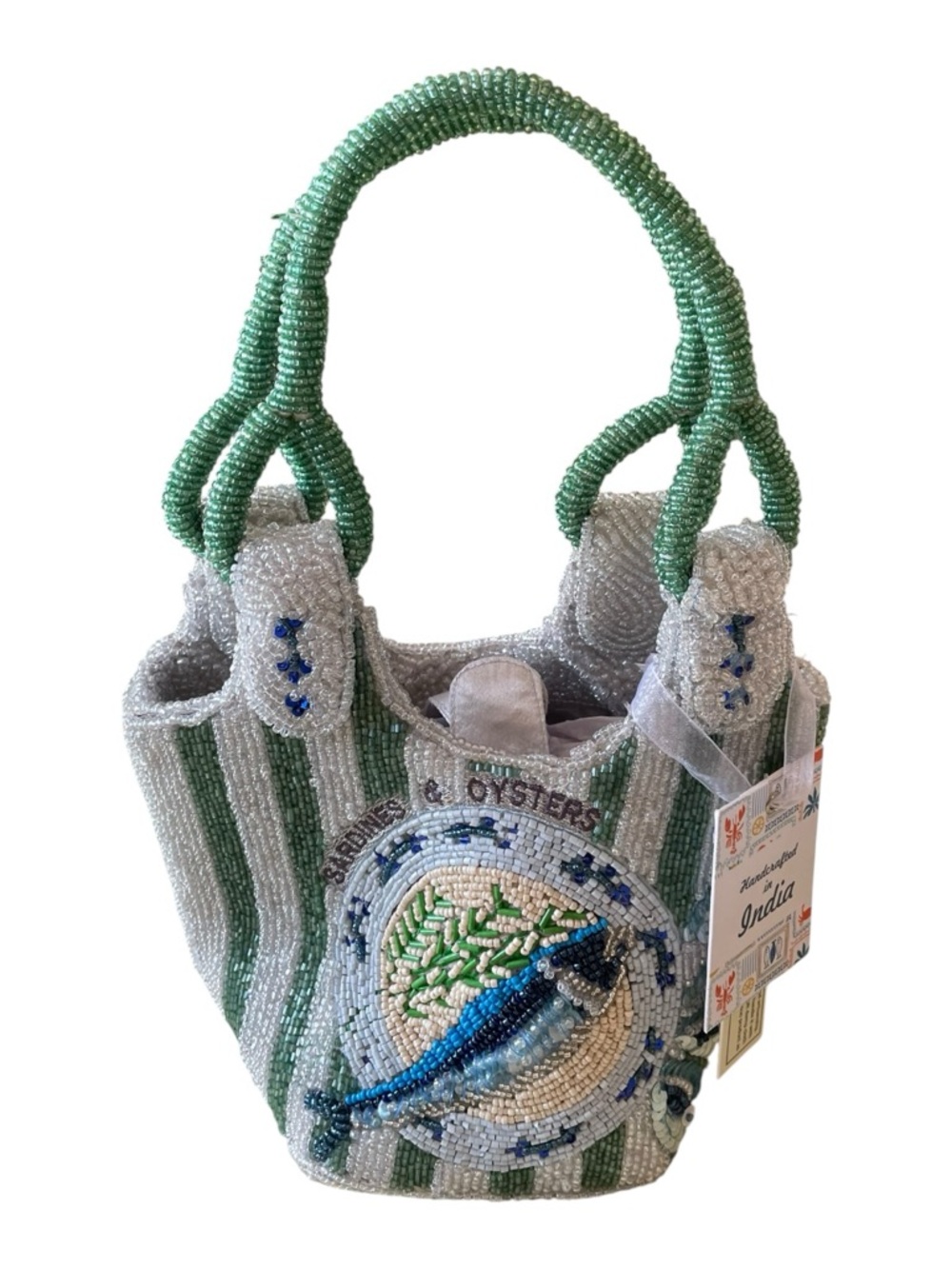 Beaded Green White Striped Viral Hand Beaded “Sardines & Oysters” Tote